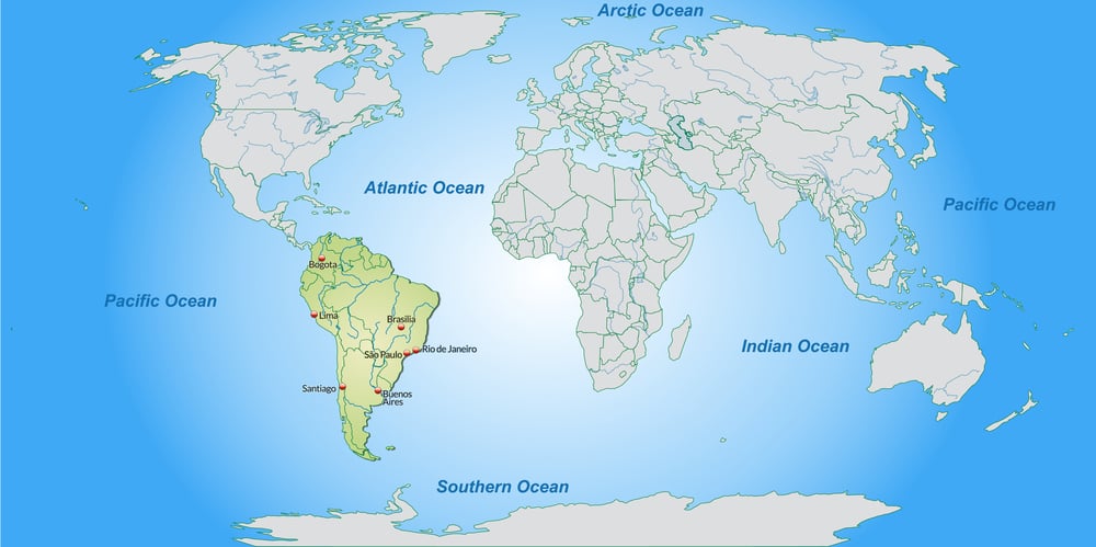 Map,Of,South,America,With,Main,Cities,In,Pastel,Green