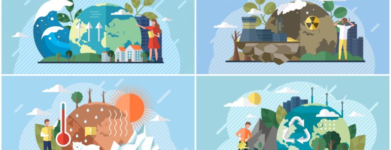Set of illustrations about impact of human activity on environment