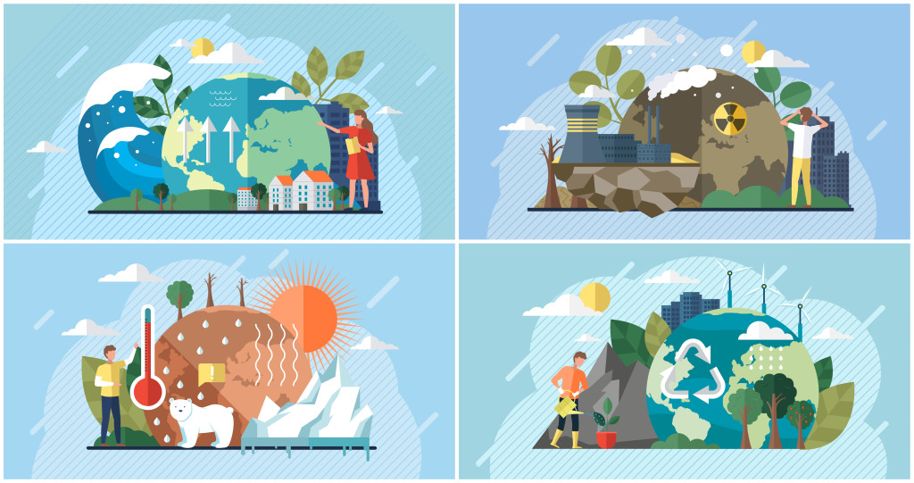 Set of illustrations about impact of human activity on environment