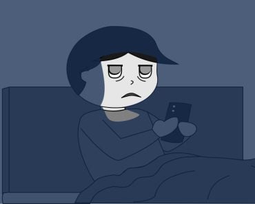 A cartoon of a young man sitting up in bed with only the light from his phone screen lighting up his face