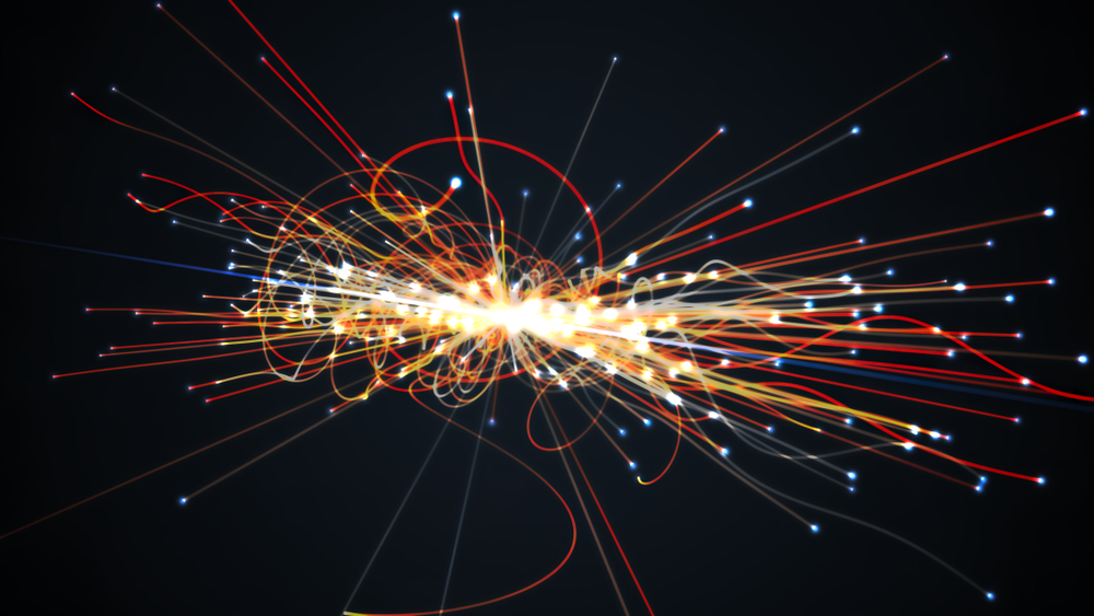 Particles collision in Hadron Collider. Astrophysics concept. 3D rendered illustration.