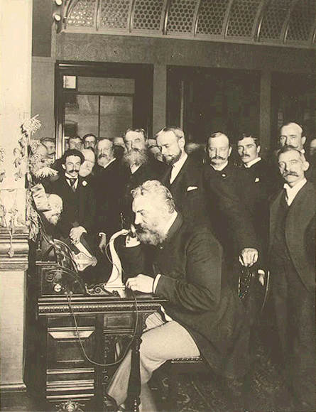 Bell on the telephone in New York (calling Chicago) in 1892