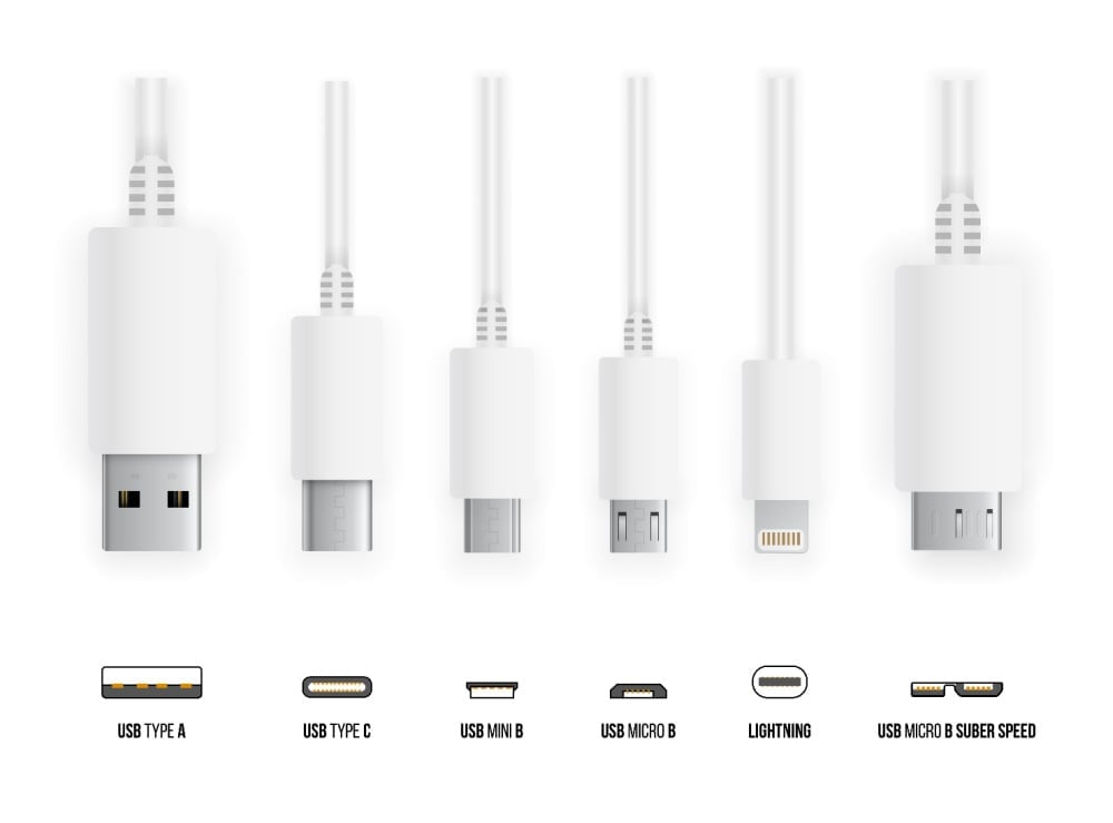 Most of standart USB type A, B and type C plugs, mini, micro, lightning, universal computer white cable connectors