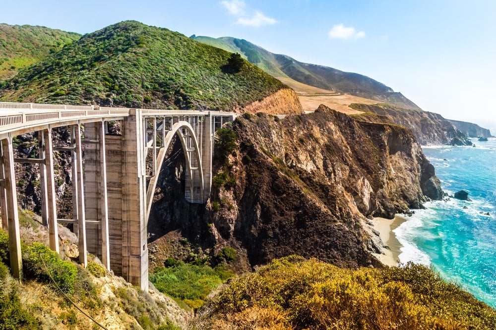 Bixby Creek Bridge on Highway #1 at the US West Coast traveling south to Los Angeles, Big Sur Area, California