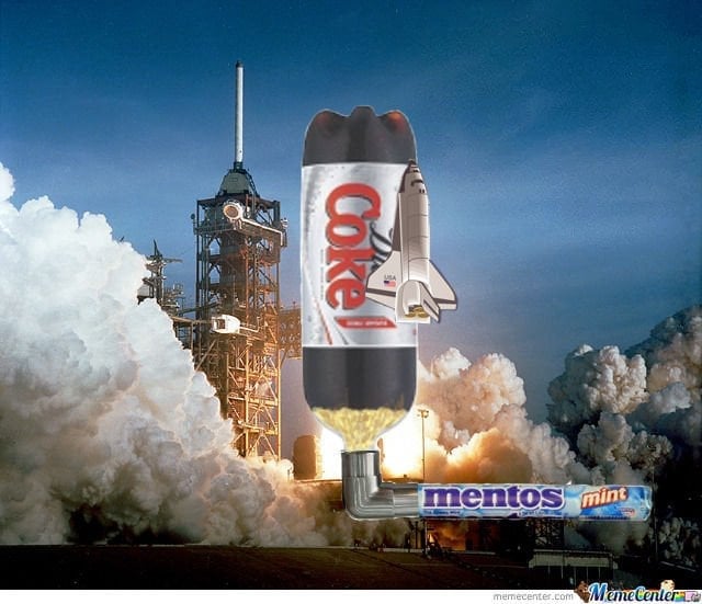 Rocket lauching with coke & mentos meme