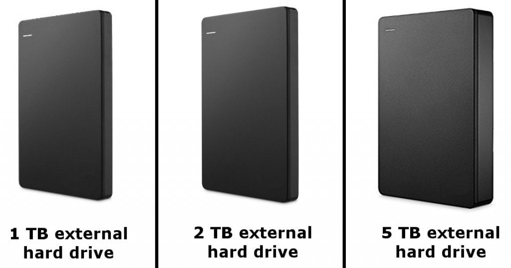 External hard drives of different capacities.