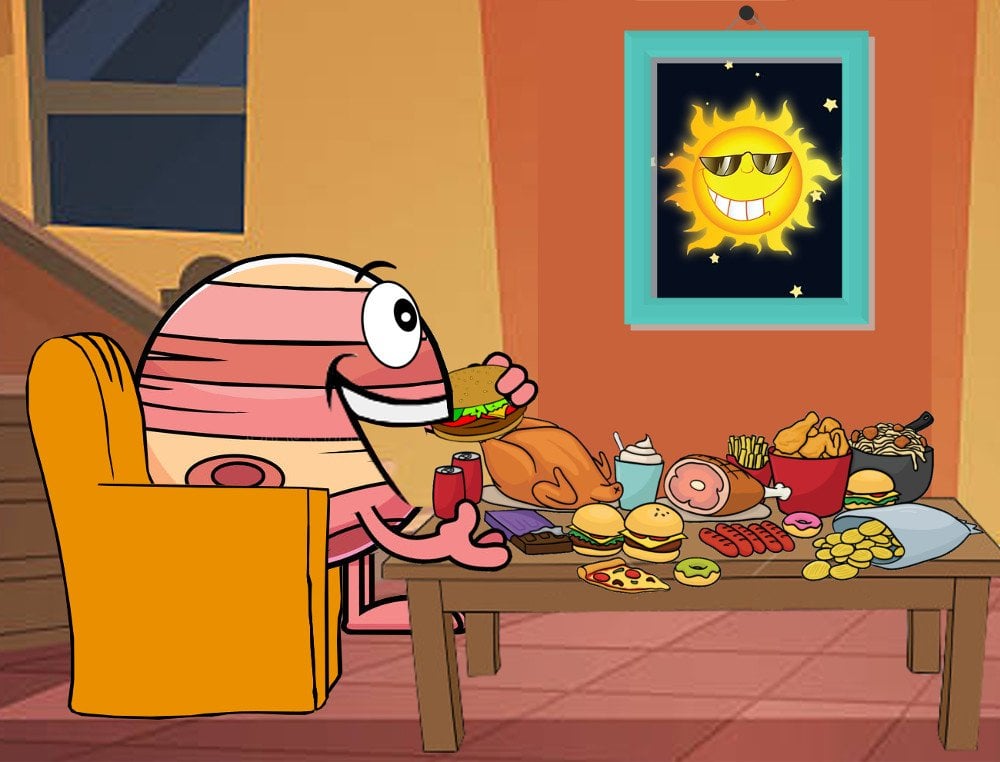 Jupiter cartoon eating chips looking at sun as inspiration