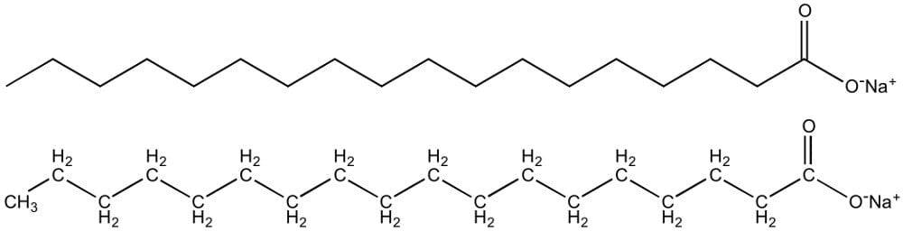 Two equivalent images of the chemical structure of sodium stearate, a typical soap for domestic handwashing