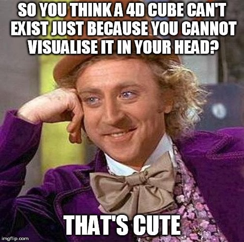So you think a 4d cube cant exist just because you cannot visualise it in your head thats cute meme