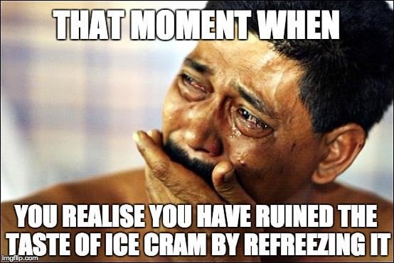 That moment when you realise you have ruined the taste of ice cream by refreezing it meme
