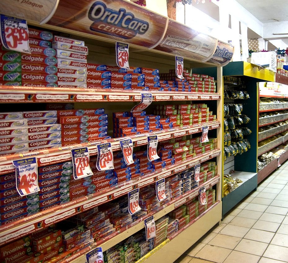 Toothpaste aisle in supermarket