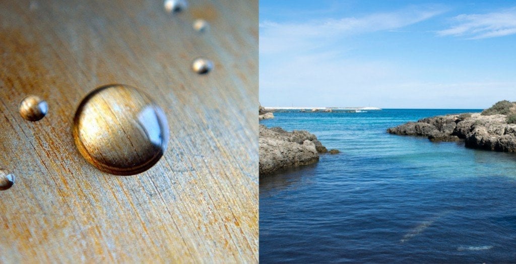 a colorless water drop & a blue ocean