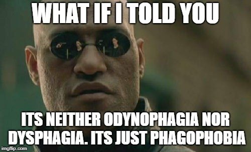 WHAT IF I TOLD YOU; ITS NEITHER ODYNOPHAGIA NOR DYSPHAGIA. ITS JUST PHAGOPHOBIA meme