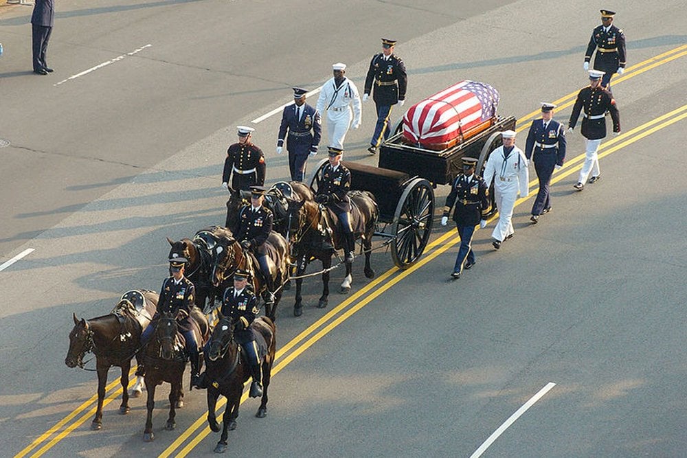 Ronald Reagan casket on caisson during funeral procession