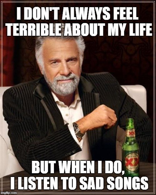 I DON'T ALWAYS FEEL TERRIBLE ABOUT MY LIFE; BUT WHEN I DO, I LISTEN TO SAD SONGS meme