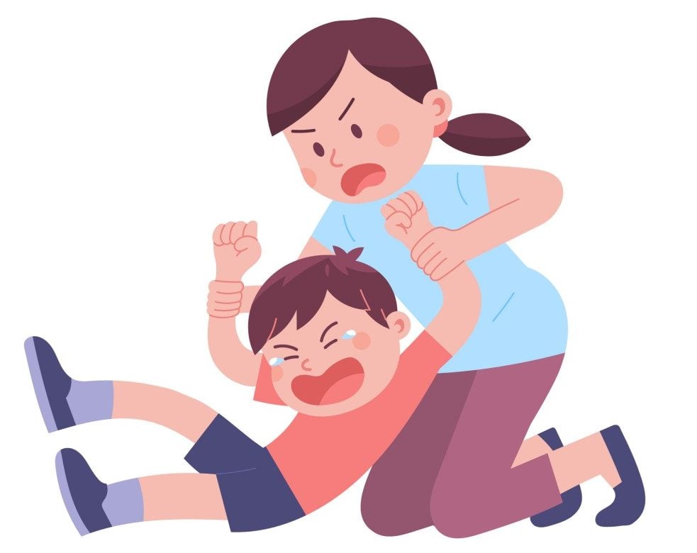 Illustration of mother trying to calm down her son who is throwing tantrums(pizzastereo)s