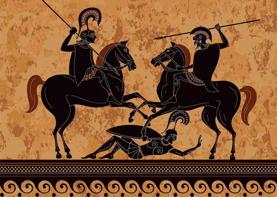 Black figure pottery.Ancient greek scene banner.Ancient greece warrior.Hero,spartan,myth.Ancient civilization culture. - Vector(tan_tan)s