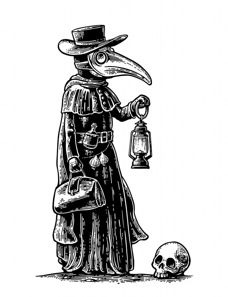 Plague, doctor with bird mask,suitcase, lantern, garlic and hat. Vector black vintage engraving illustration isolated on a white background. For web, poster, info graphic. - Vector( MoreVector)s
