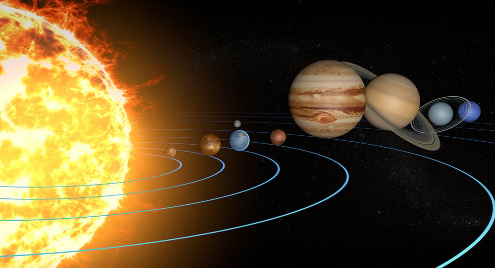 Solar system planets, diameter ratio, quantities, sizes and orbits. Elements of this image are furnished by NASA. 3d rendering - Illustration(Naeblys)s