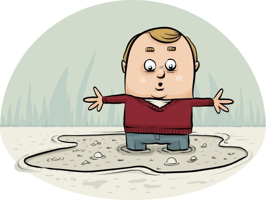 A cartoon man sinking in a puddle of quicksand. - Vector(blambca)s