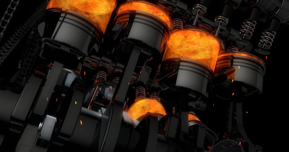 CG model of a working V8 engine with explosions and sparks. Pistons and other mechanical parts are in motion. - Illustration(yucelyilmaz)s