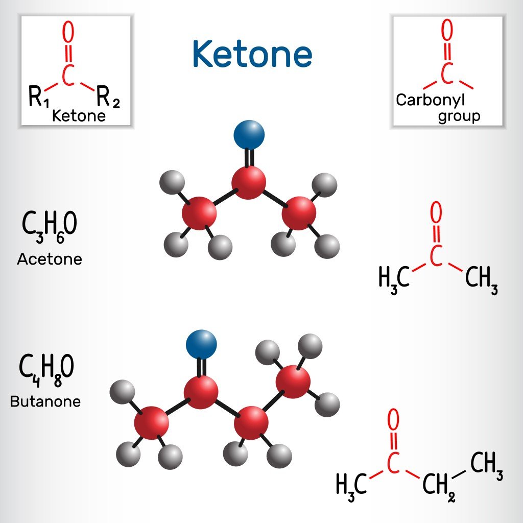Ketone (alkanone). Acetone and butanone ( methyl ethyl ketone) molecule - structural chemical formula and model. Vector illustration - Vector(Bacsica)S