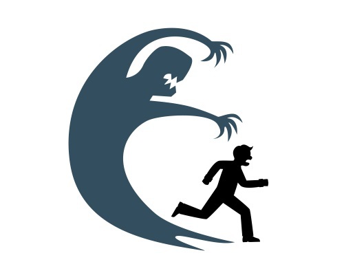 The silhouette of a man runs away from his huge shadow which symbolizes fear - Vector(SuslO)s