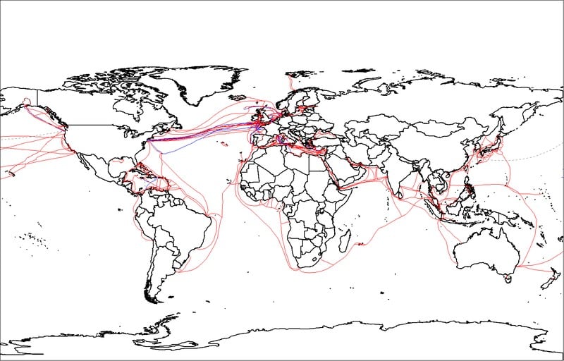 World map of submarine cables