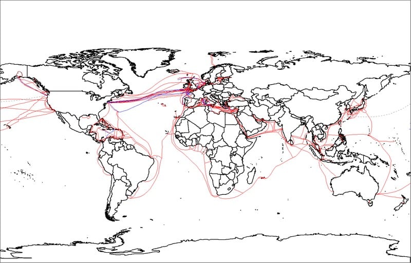 Mapa do mundo de cabos submarinos