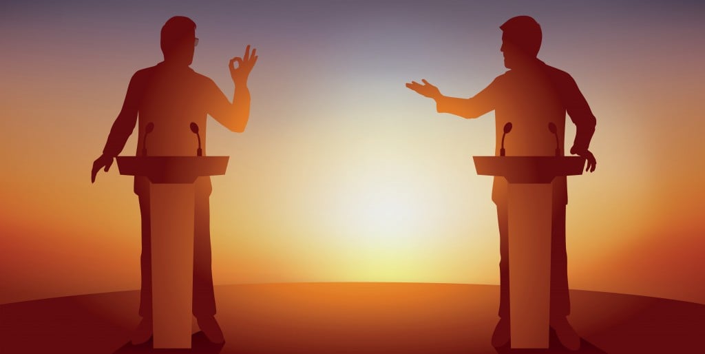 Concept of political debate, with two candidates behind their desks, who are fighting for leadership and conquering power(Pictrider)s