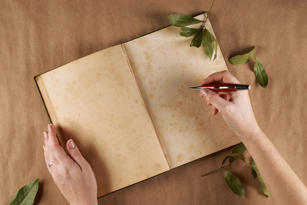 Olhar plano das mãos das mulheres, escreve poemas.  Lugar para texto.  - Imagem (garik_koen) s