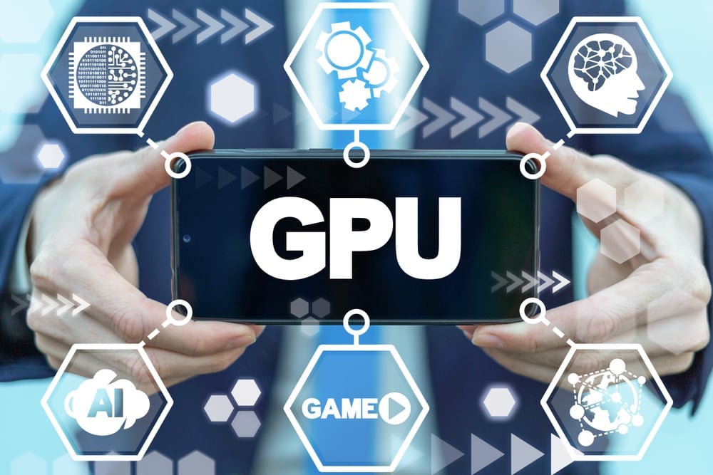 GPU Nano Graphics Processing Unit Mobile Electronic Technology. Man holds smartphone with gpu word on a display( Panchenko Vladimir)s