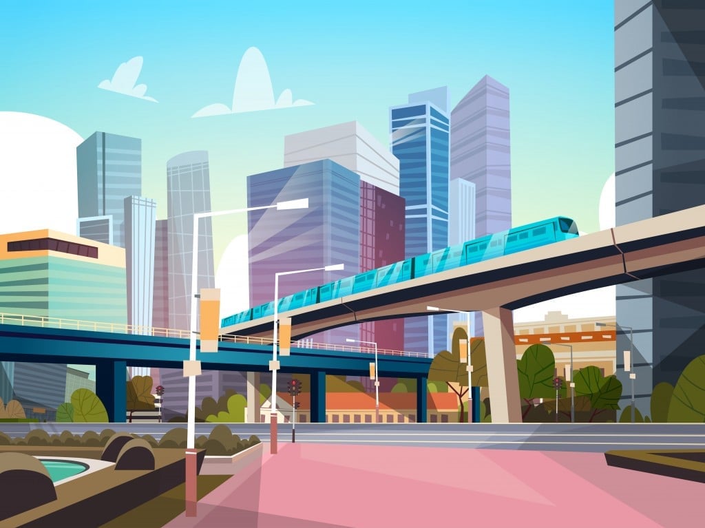 Modern City Panorama With High Skyscrapers And Subway Cityscape Background Flat Vector Illustration - Vector(ProStockStudio)s