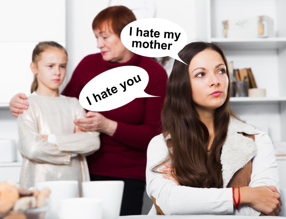 Multi-generational projection, Portrait of upset woman on background with her mother and daughter after quarrel - Image