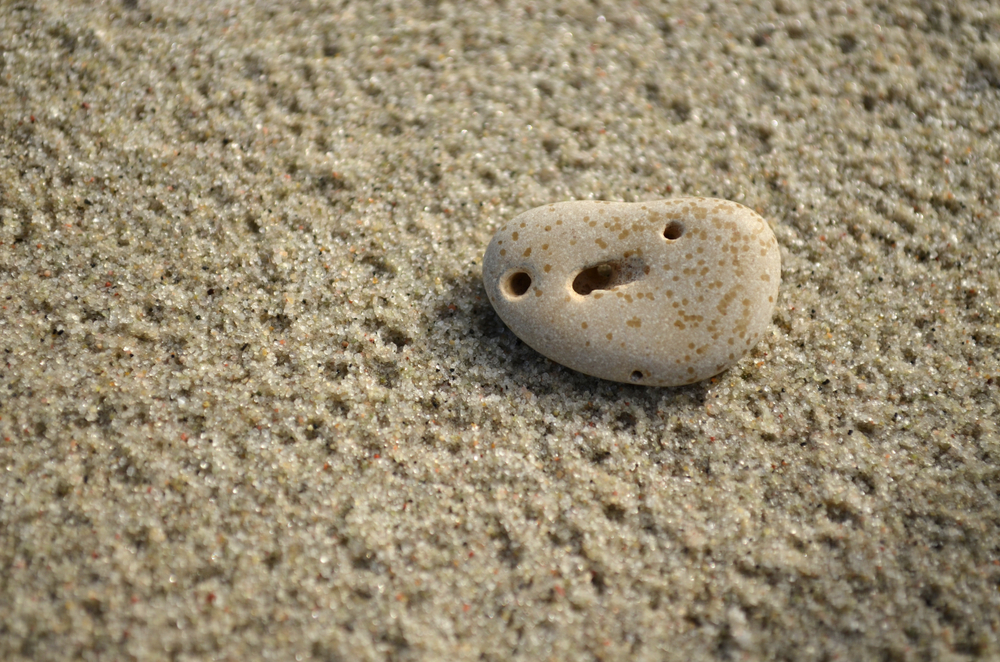 Pebble on sand, beach background. Funny stone with face, formed by holes. Illustration of pareidolia, optical illusion. - Image( Valeriana Y)s