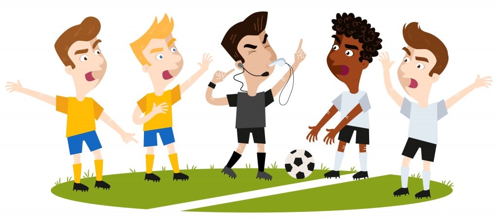 Vector illustration of four cartoon football players disagreeing and gesturing, standing on football field( Rudie Strummer)S