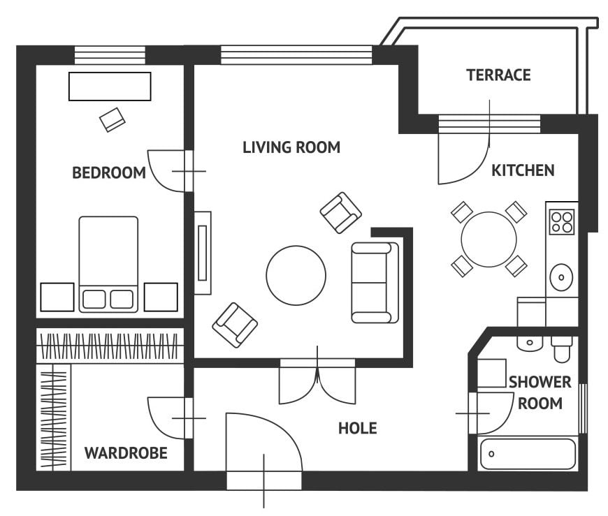 Vector illustration. Architect plan of house with a furniture. Flat Design - Vector( M.Stasy)S