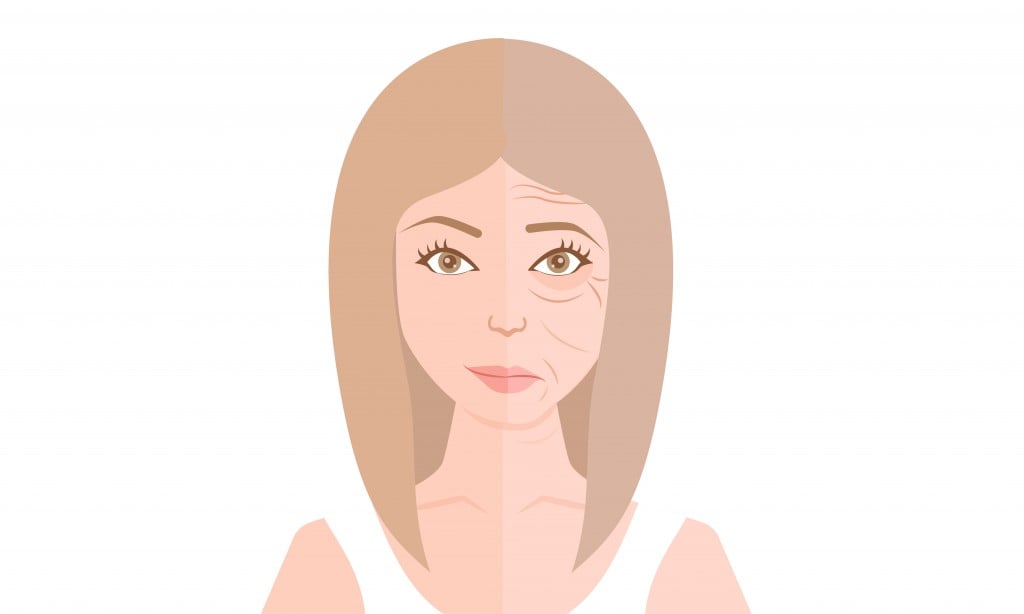 Rosto de mulher antes e após procedimentos antienvelhecimento Aplicação de rosto.  Filtro de idade tornando jovens para idosos.  Faceapp - vetor (Alona Syplyak) s