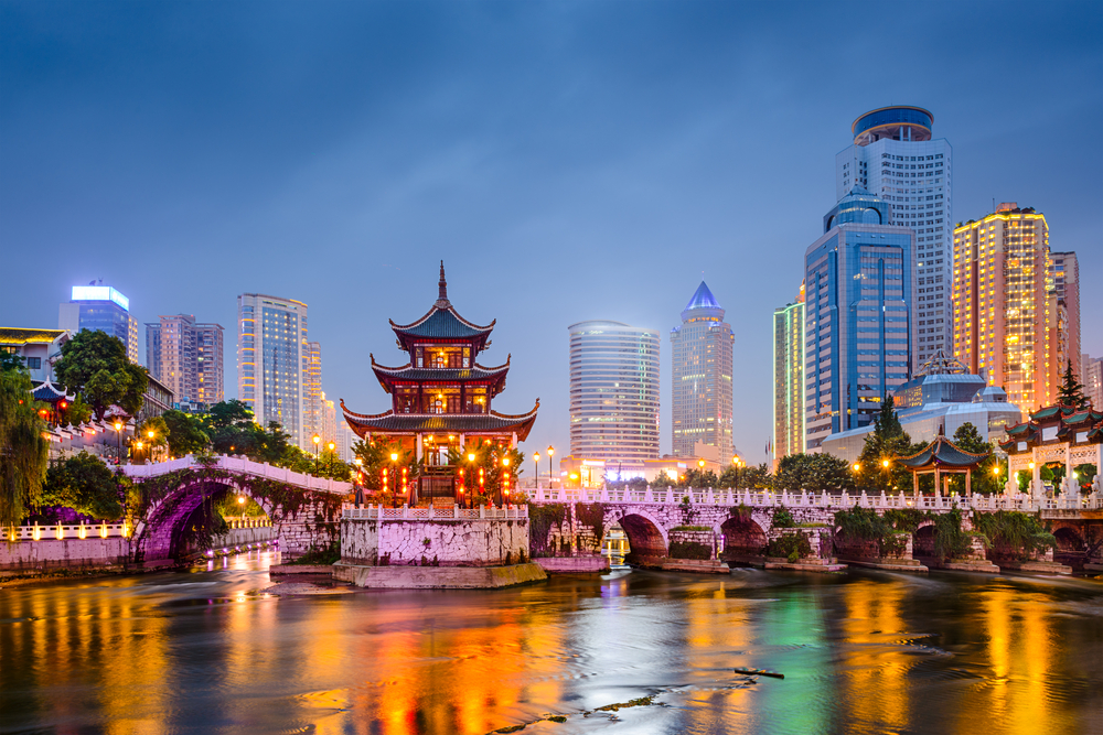 Guiyang, China skyline at Jiaxiu Pavilion on the Nanming River( Sean Pavone)S