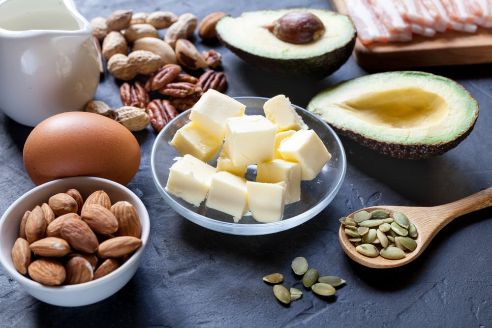 Keto food avocado, bacon, nuts, eggs, etc(JoyStudio)S
