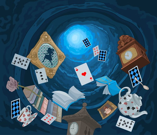 Abstract background of objects falling down in rabbit hole(Pushkin)s