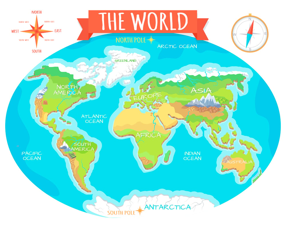 O mapa geográfico do mundo.  Nomes dos continentes, oceanos (robuart) s
