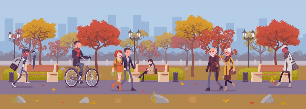 Zona de parque temporada outono com as pessoas.  Grande jardim público no outono (Andrew Rybalko) s