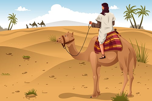 A vector illustration of Arabian riding camels on the desert(Artisticco)s