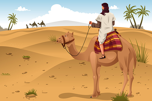 Uma ilustração em vetor de árabes montando camelos no deserto (Artisticco) s
