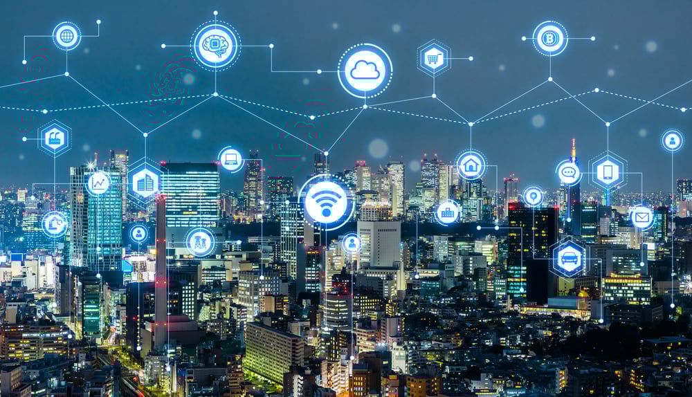 Conceito de cidade inteligente.  IoT (Internet das Coisas) (metamorworks) s