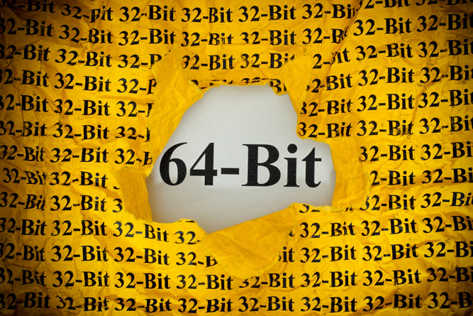 Time for 64-Bit. 64-Bit appearing behind torn 32-Bit yellow paper(StepanPopov)s