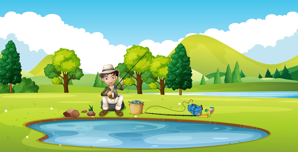 Scene with man fishing by the pond(GraphicsRF)S