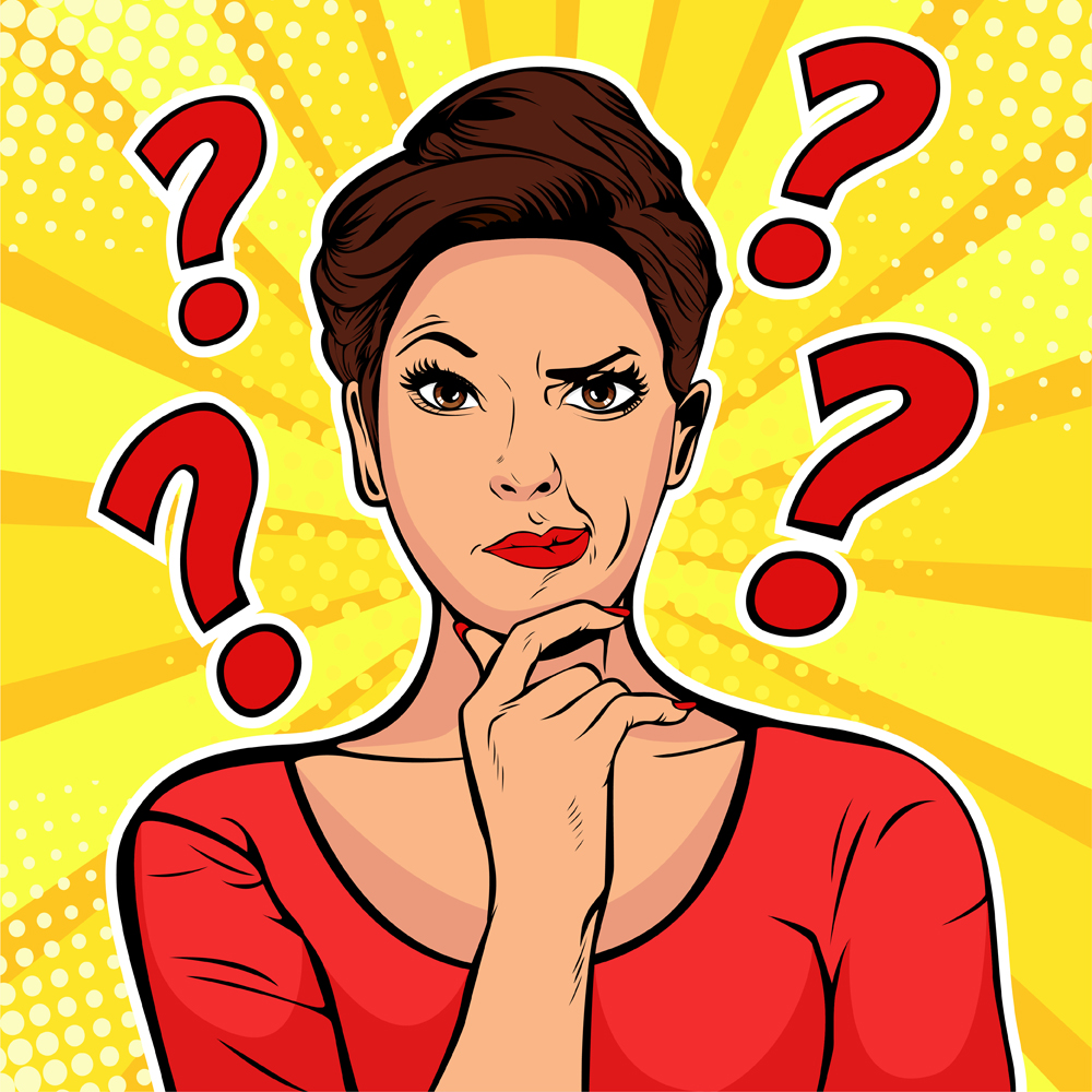 Woman skeptical facial expressions face with question marks upon hear head(Brazhyk)s