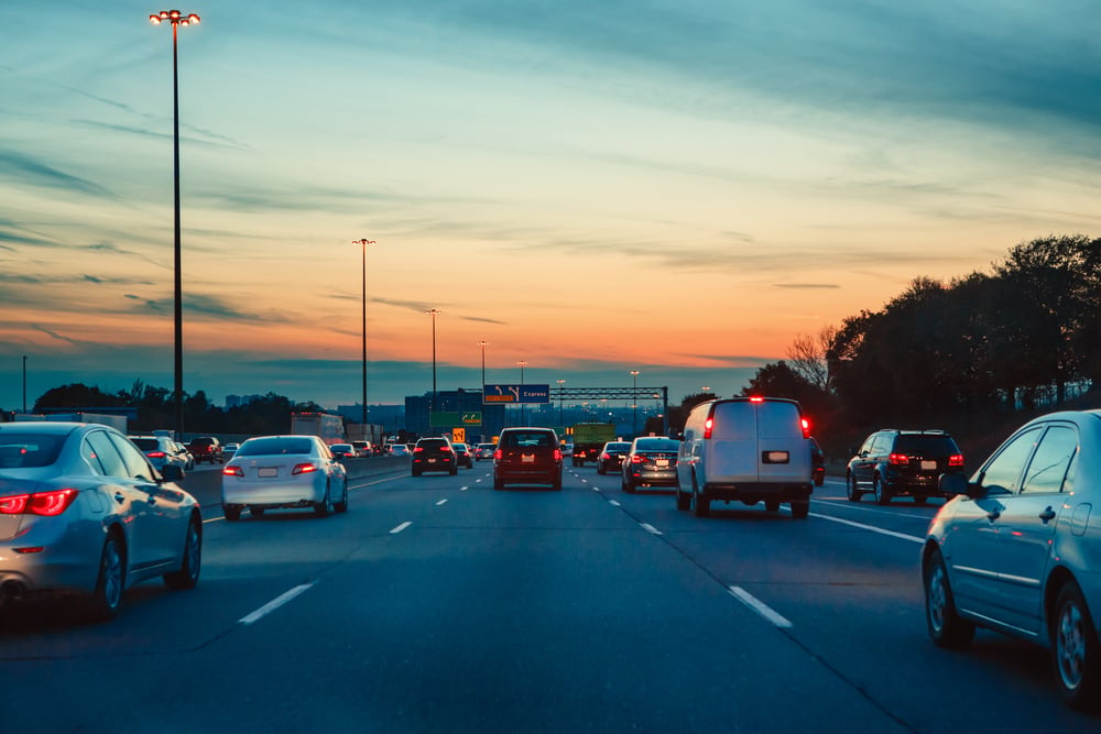 Night traffic, cars on highway road on sunset evening night in busy city(Anna Kraynova)s